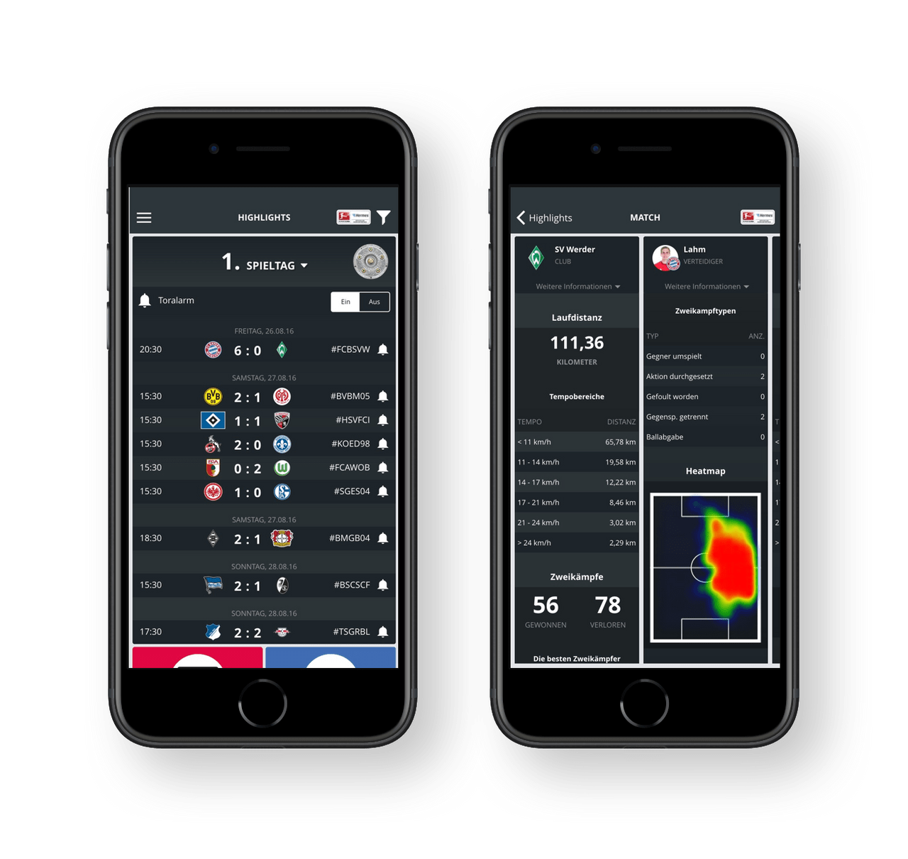 Protofy für Hermes: Startseite und Heatmaps in der Hermes Bundesliga Facts App für iOS & Android