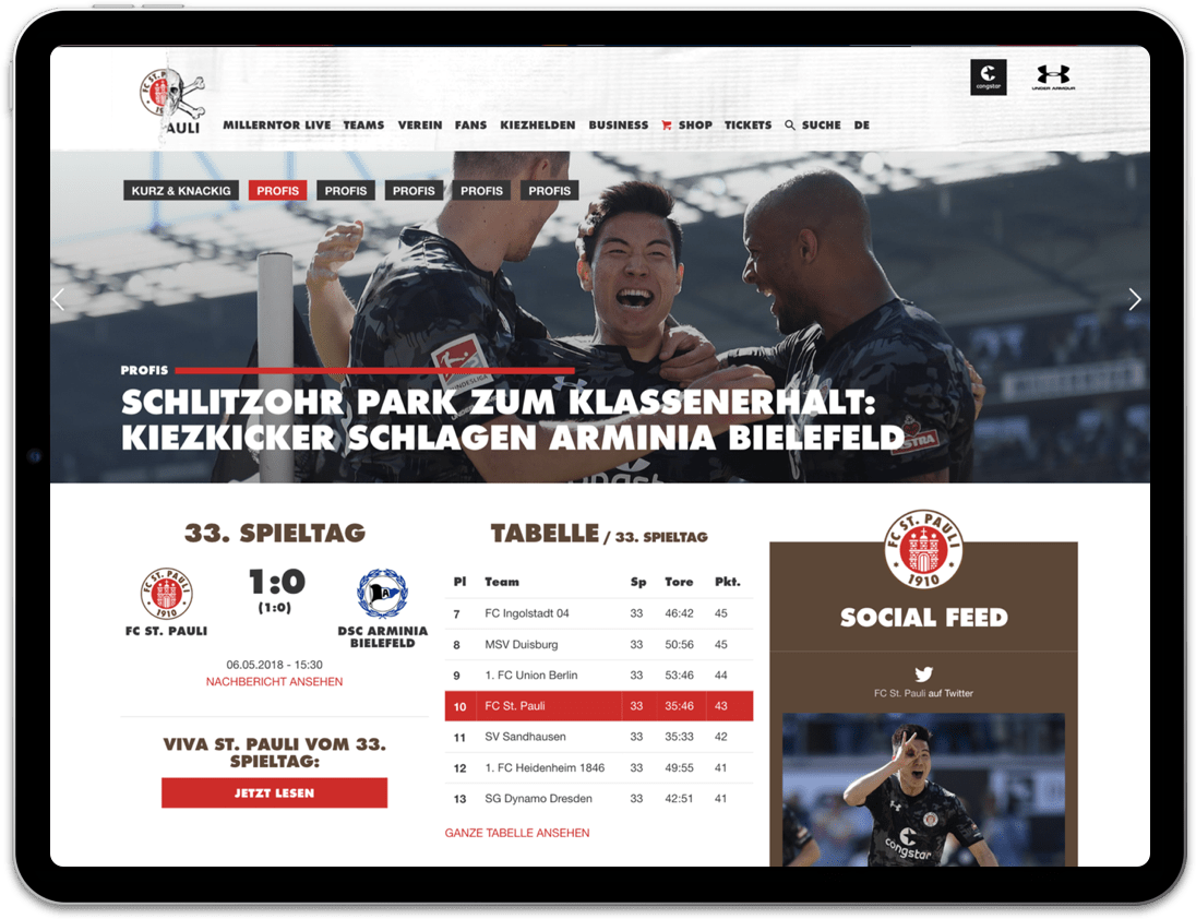 Protofy für den FC St. Pauli: Startseite auf iPad
